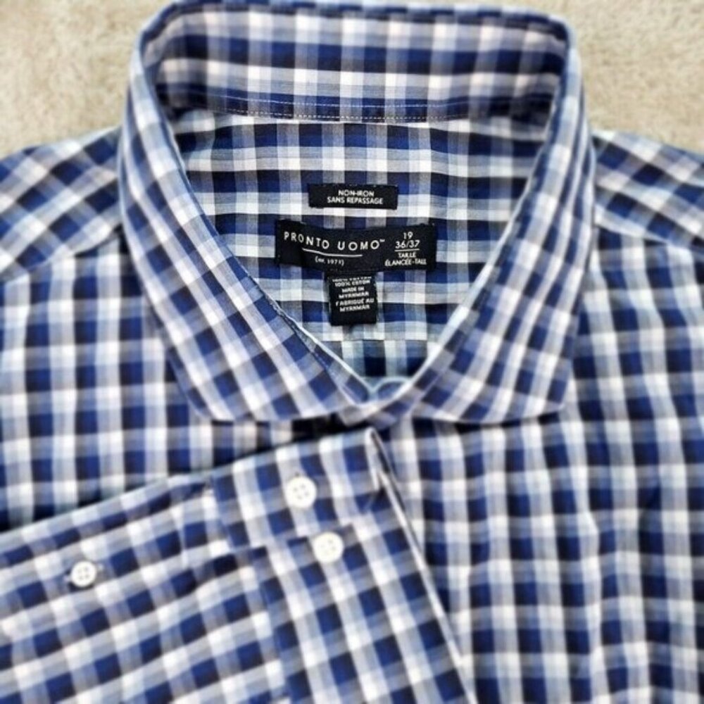 Pronto Uomo Dress Shirt Non-Iron Mens 19-36/37 Tall Man Blue White Gray Plaid